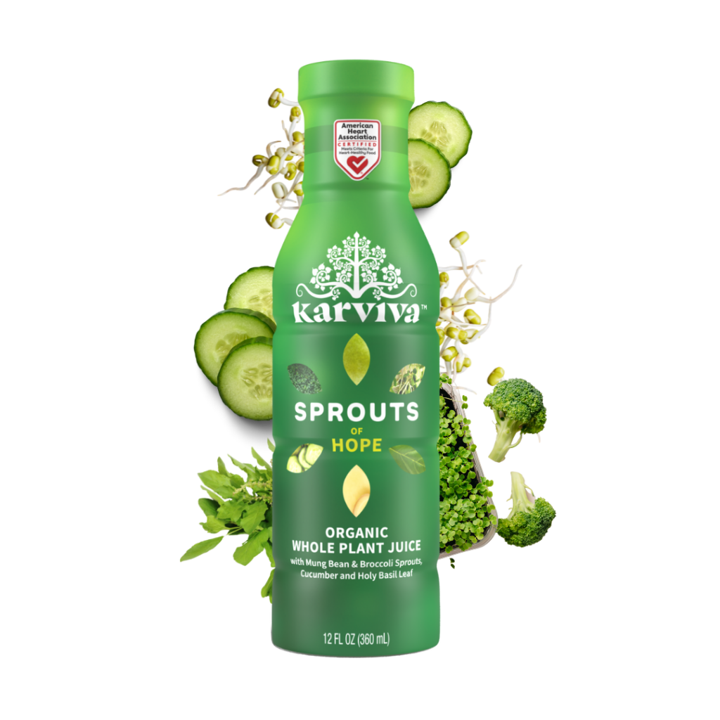 Karviva Sprouts of Hope organic plant juice bottle.